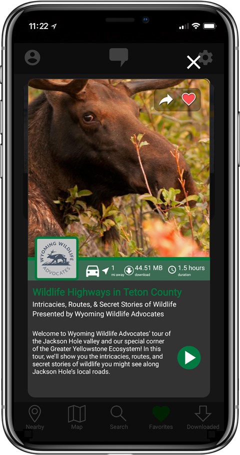 Wildlife Highways in Teton County story page open on TravelStorysGPS app